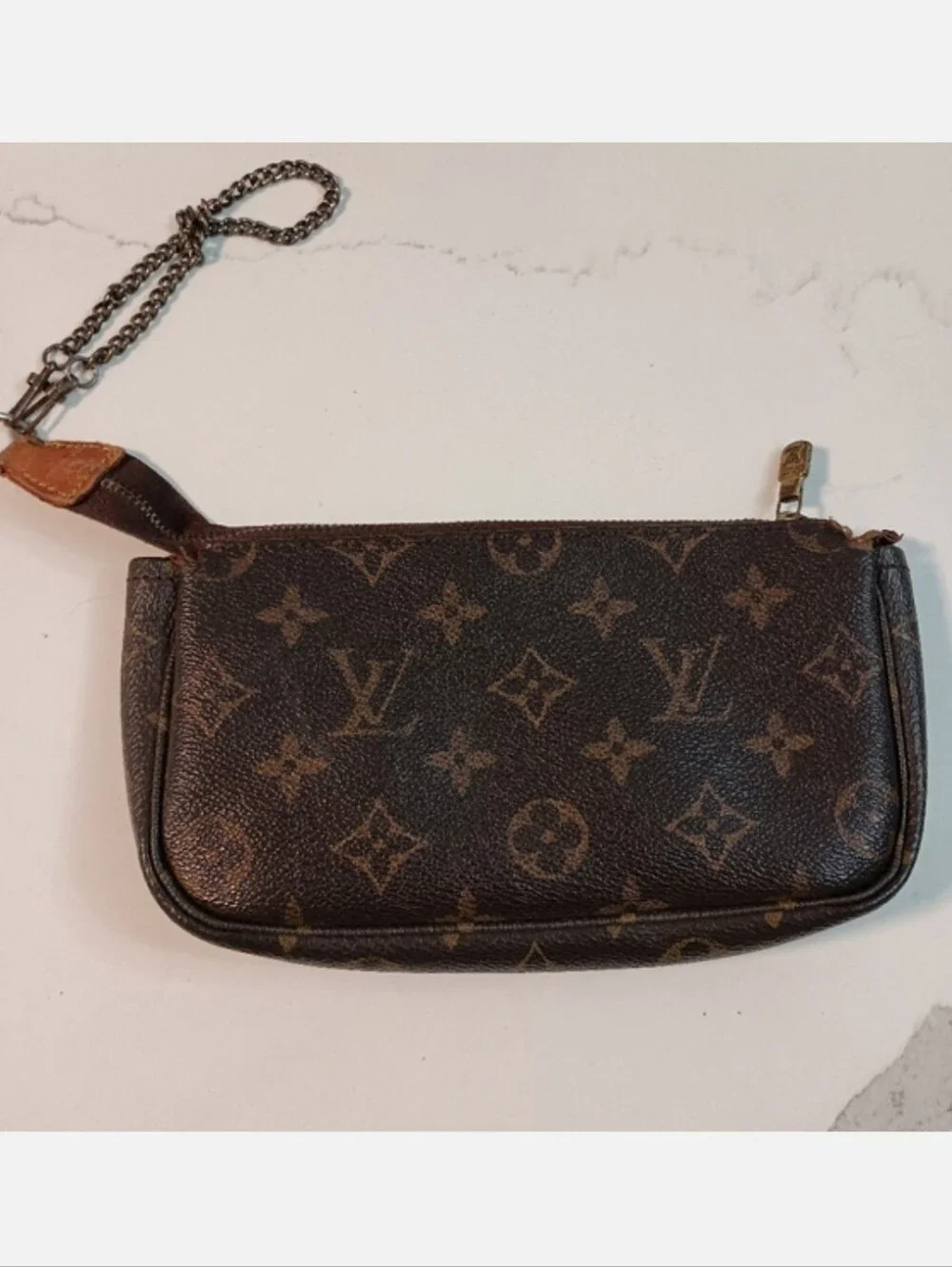 Authentic Louis Vuitton Monogram Pochette Accessoires Chain Wristlet Bag
